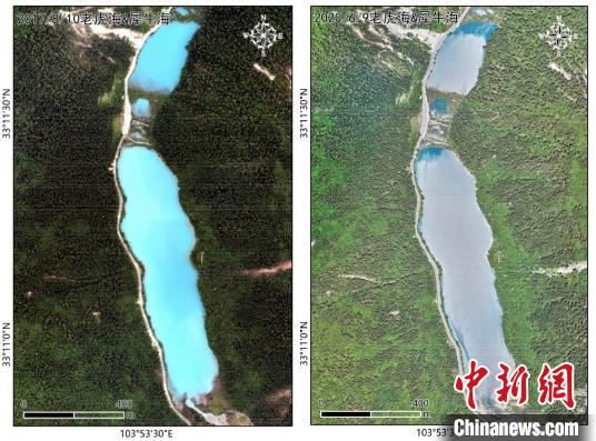 犀牛海水体影像对比：地震刚发生后(2017年8月10日，左)；地震近三年后(2020年6月9日，右)。中科院空天院付碧宏研究员团队 供图
